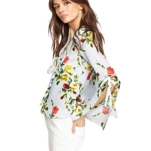 Milly Top Blue Floral Plunge V-neck Long Bell Sleeves Front Tie 100% Silk Blouse